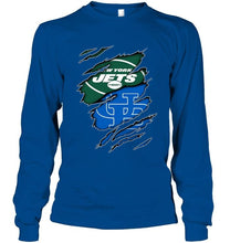 Load image into Gallery viewer, New York Jets and Buffalo Bulls layer under ripped shirt