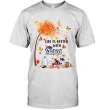 Load image into Gallery viewer, Life is better with New England Patriots snoopy sleeping under autumn tree shirt