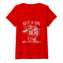 Load image into Gallery viewer, Kansas City Chiefs Just a girl who loves Mahomes shirt by Moteefes store Women's V-Neck T-Shirt