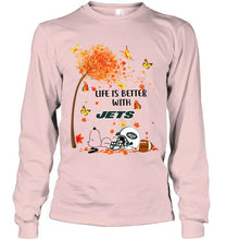 Load image into Gallery viewer, Life is better with New York Jets snoopy sleeping under autumn tree shirt