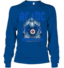 Load image into Gallery viewer, Ac dc skeleton holds Winnipeg Jets flag t shirt