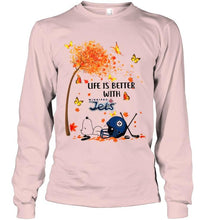 Load image into Gallery viewer, Life is better with Winnipeg Jets snoopy sleeping under autumn tree hoodie
