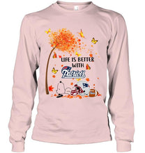 Load image into Gallery viewer, Life is better with New England Patriots snoopy sleeping under autumn tree shirt