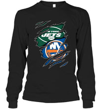 Load image into Gallery viewer, New York Jets and New York Islanders layer under ripped shirt