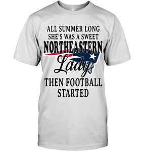 All summer long she's sweet northeastern lady then football started New England Patriots shirt