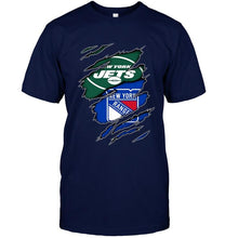 Load image into Gallery viewer, New York Jets and New York Rangers layer under ripped shirt