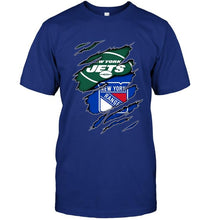 Load image into Gallery viewer, New York Jets and New York Rangers layer under ripped shirt
