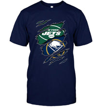 Load image into Gallery viewer, New York Jets and Buffalo Sabres layer under ripped shirt