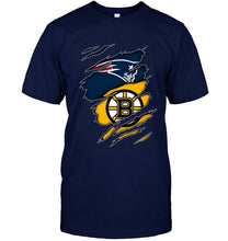 Load image into Gallery viewer, New England Patriots and Boston Bruins layer under ripped shirt