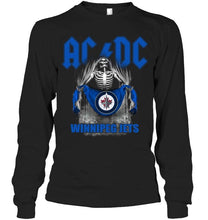 Load image into Gallery viewer, Ac dc skeleton holds Winnipeg Jets flag t shirt