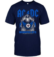 Load image into Gallery viewer, Ac dc skeleton holds Winnipeg Jets flag t shirt