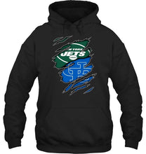 Load image into Gallery viewer, New York Jets and Buffalo Bulls layer under ripped shirt