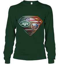 Load image into Gallery viewer, New York Jets and New York Islanders superman american flag layer shirt