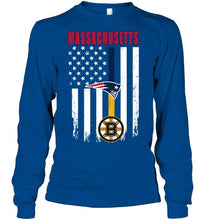 Load image into Gallery viewer, Massachusetts New England Patriots Boston Bruins american flag shirt