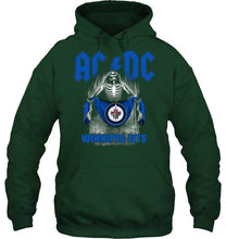 Load image into Gallery viewer, Ac dc skeleton holds Winnipeg Jets flag t shirt