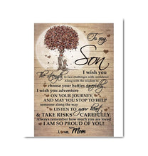 Load image into Gallery viewer, Mom to son tree I wish you the strength adventure on your journey listen to your heart proud of you canvas
