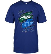 Load image into Gallery viewer, New York Jets and Buffalo Bulls layer under ripped shirt