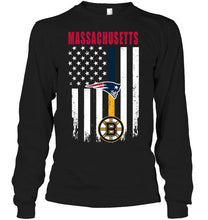 Load image into Gallery viewer, Massachusetts New England Patriots Boston Bruins american flag shirt