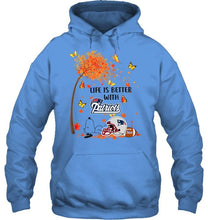Load image into Gallery viewer, Life is better with New England Patriots snoopy sleeping under autumn tree shirt
