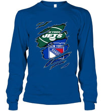 Load image into Gallery viewer, New York Jets and New York Rangers layer under ripped shirt